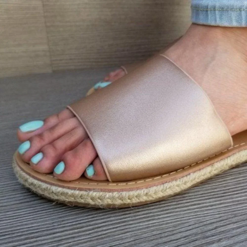 Rose Gold Slip on Slider Flat Sandal Espadrille - Picture 5 of 7